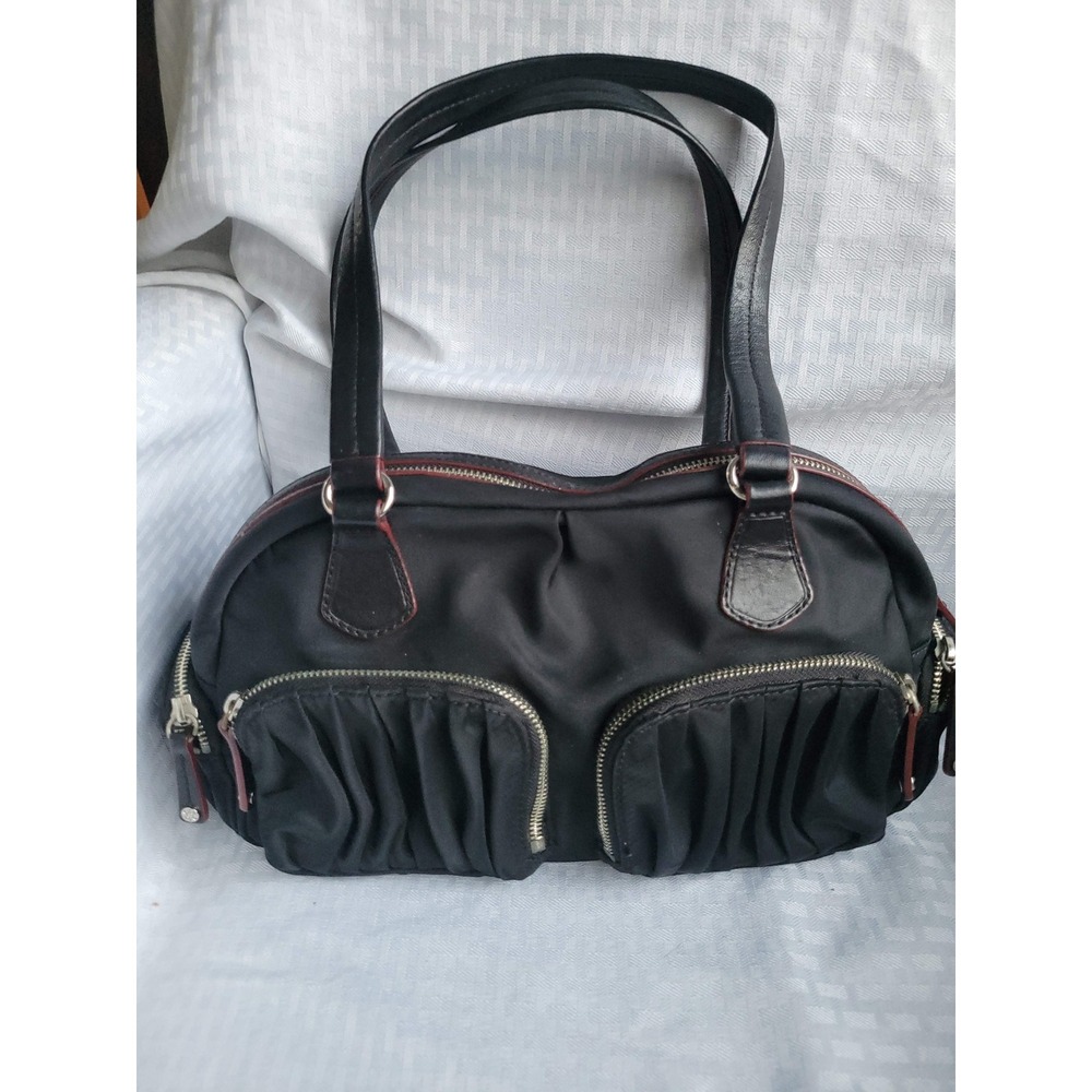 MZ Wallace Black Nylon Satchel Handbag Leather Trim Multi Pocket Shoulder Bag